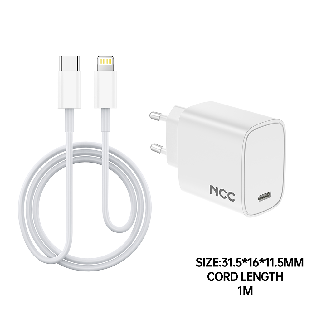 NCC C16 20W Charger Set (USB-C Charger + C-L Date Cable 1.0M) | EU Plug Options