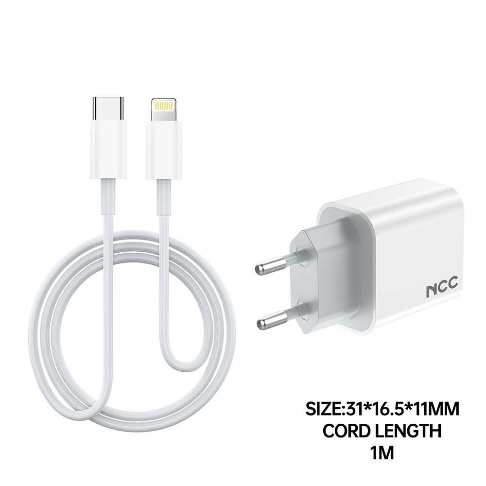NCC C121 20W Charger Set (USB-C Charger + C-L Noylon Date Cable 1.0M) | EU Plug Options