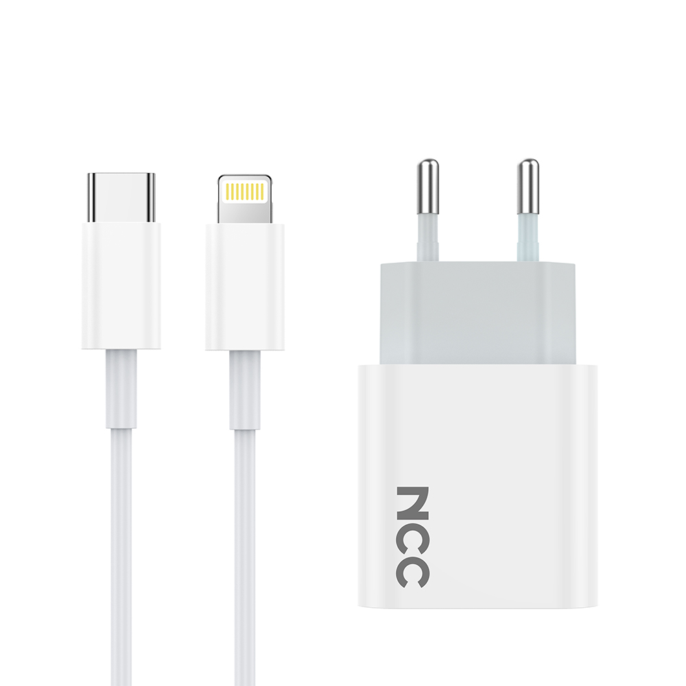 NCC C121 20W Charger Set (USB-C Charger + C-L Noylon Date Cable 1.0M) | EU Plug Options
