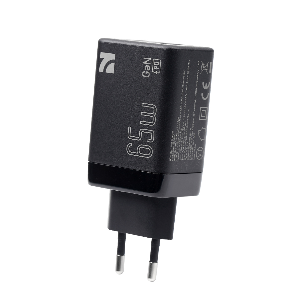 CD-0302 EU Plug 65W GaN USB-A+C+C Fast Charger – Black Multi-Port Wall Charger