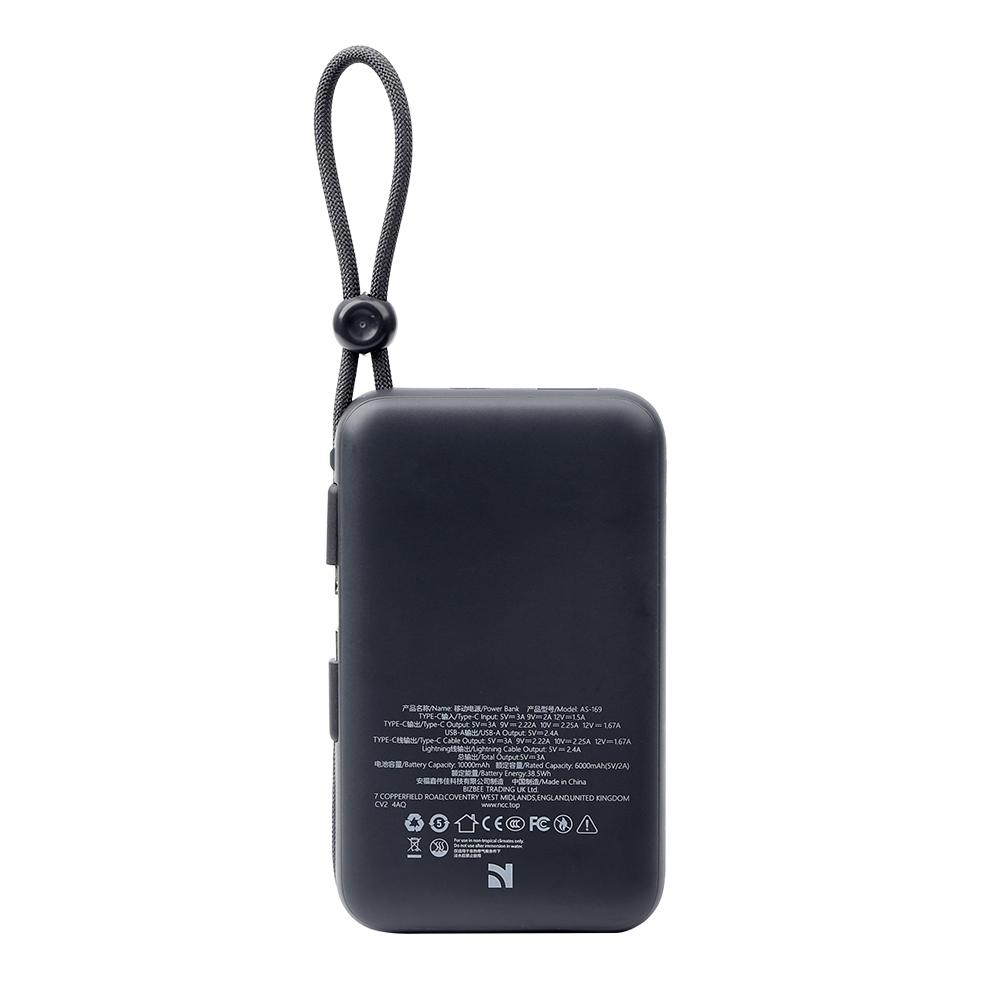 Portable NCC Built-in Cable Power Bank – 10000mAh Capacity with USB-C and Lightning Output