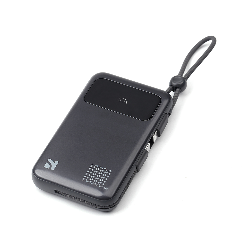 Compact 10000mAh NCC Power Bank with Built-in USB-C & Lightning Cables for On-the-Go Charging